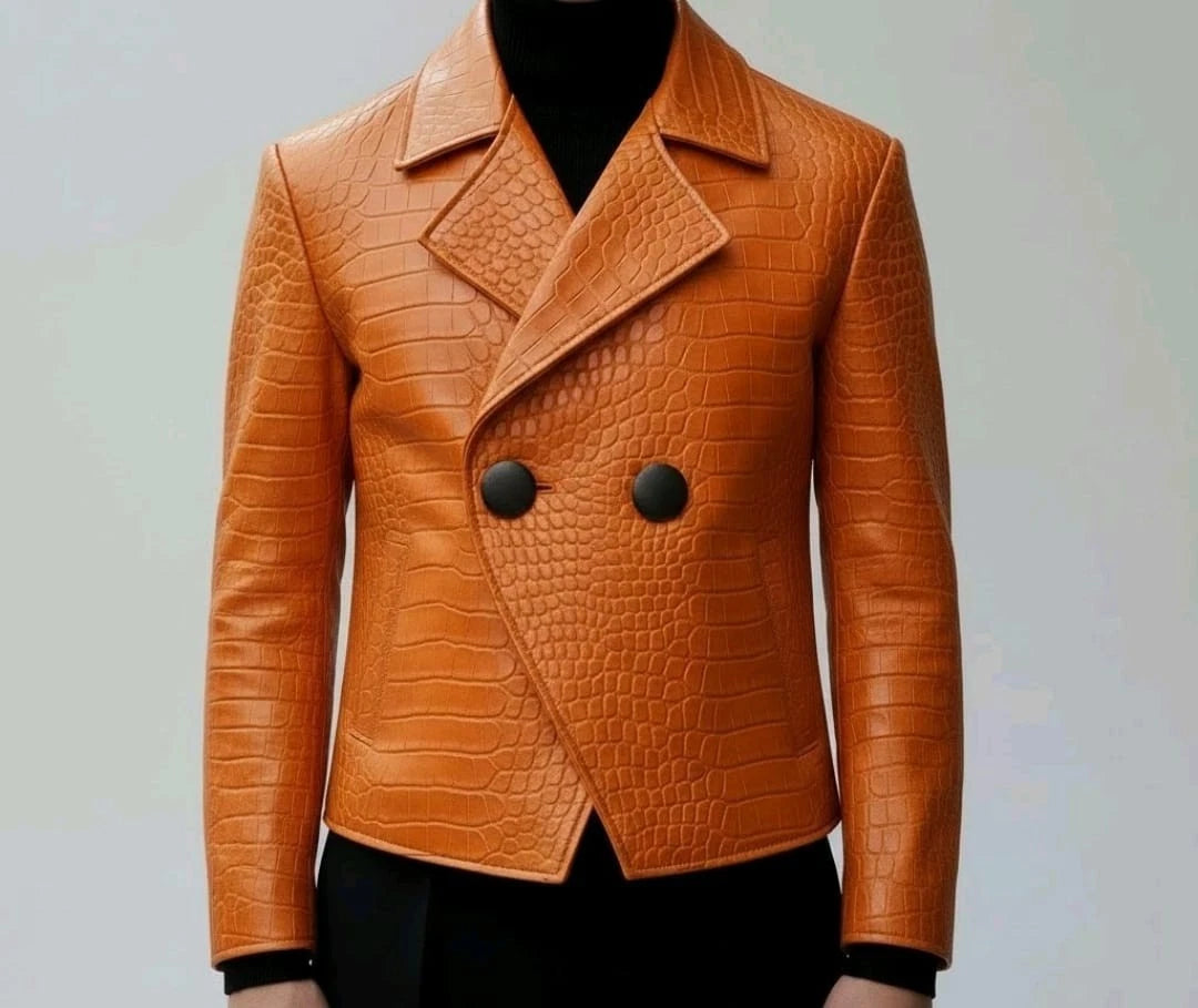 Men’s Double Breasted Croc Embossed Cowhide Leather Jacket | B-UNIK