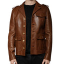 Men’s Genuine Calfskin Leather Jacket | Brown Button Front | B-UNIK
